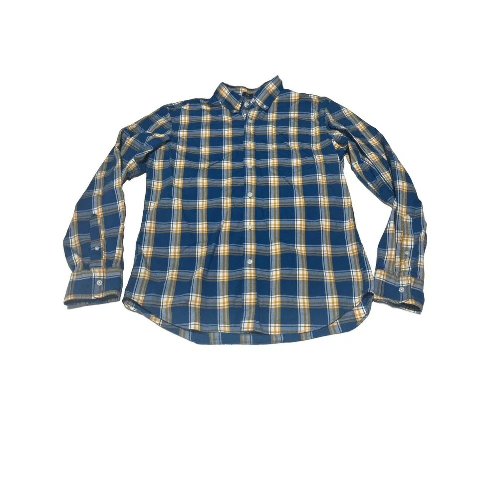 J.Crew Button Down Shirt Mens Large Slim Fit Flex Washed Plaid Blue Yellow Gold